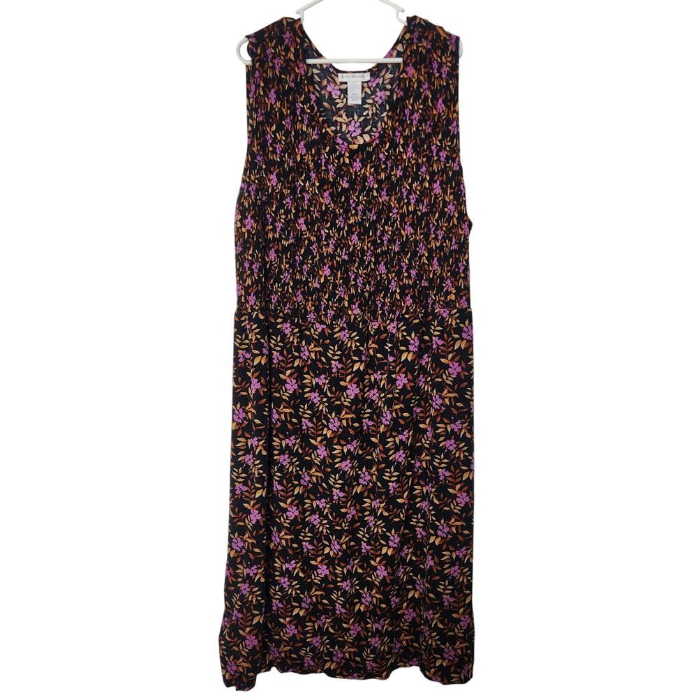 Anna Maxwell Black Floral All-Over Print Sleeveless Smocked Maxi Shift Dress 32W